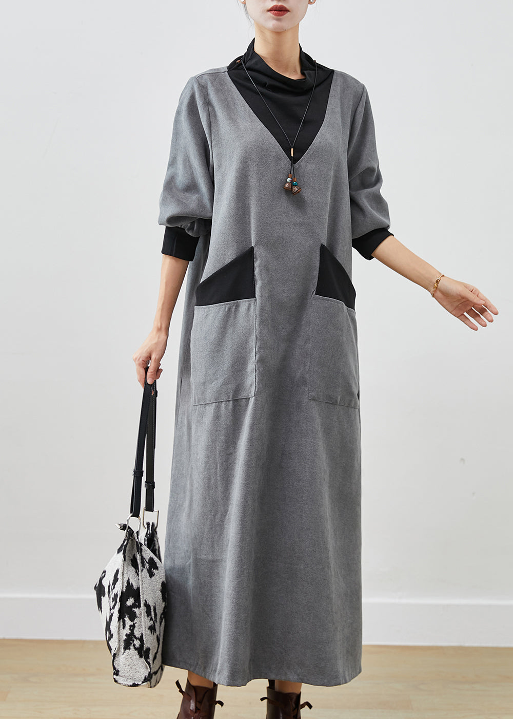 Grey Turtle Neck Patchwork Cotton Long Dress Fall