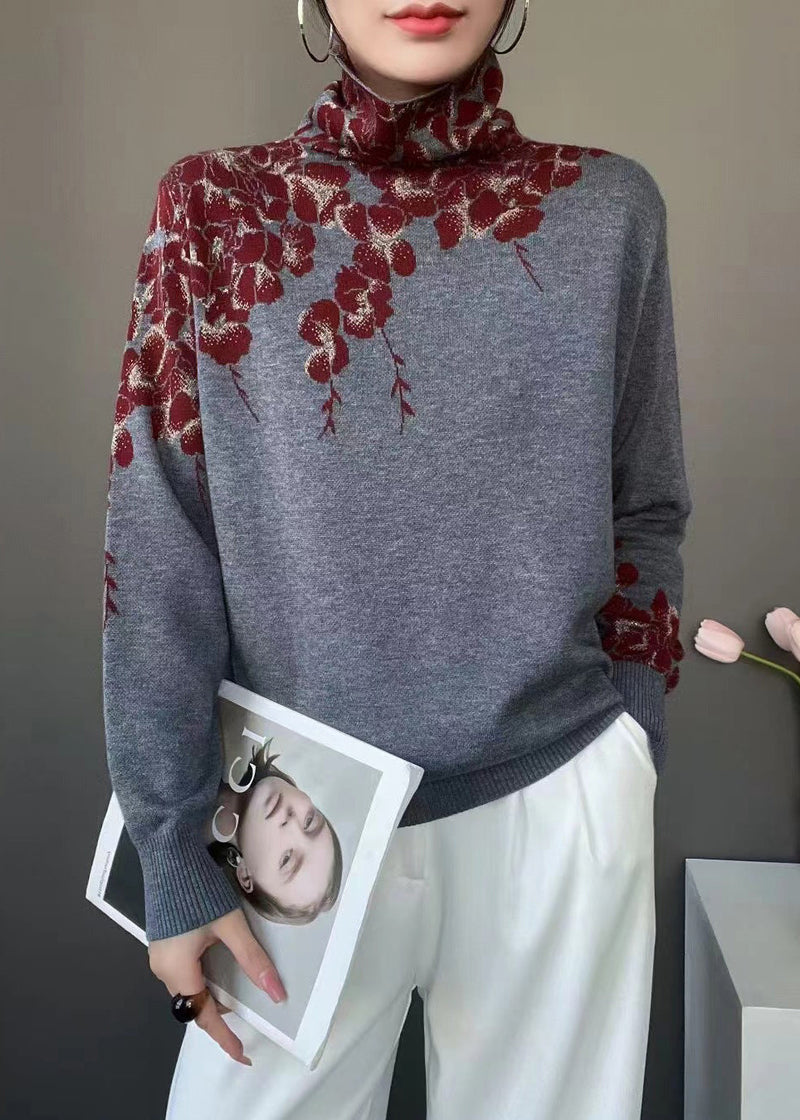 Grey Turtle Neck Print Knit Pullover Spring