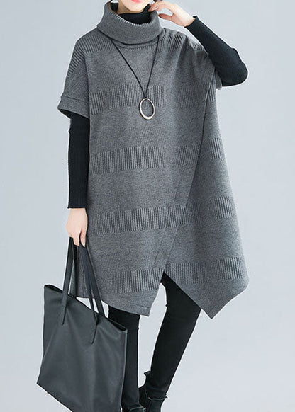 Grey Turtle Neck Asymmetrical Design Dresses Short Sleeve