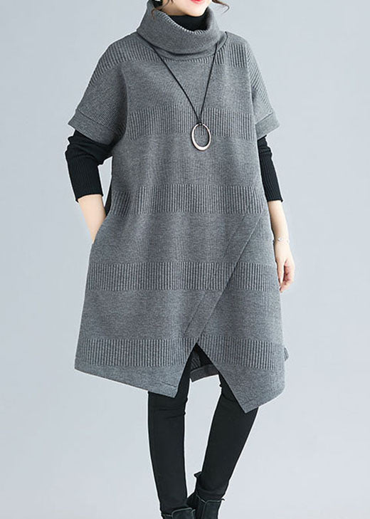 Grey Turtle Neck Asymmetrical Design Dresses Short Sleeve