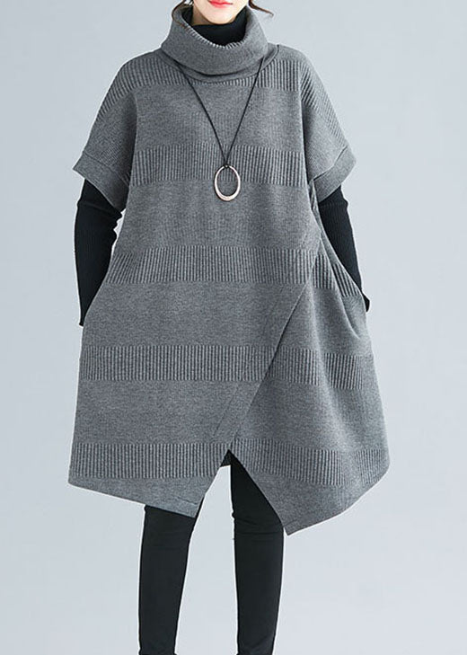 Grey Turtle Neck Asymmetrical Design Dresses Short Sleeve
