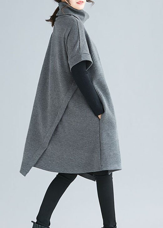 Grey Turtle Neck Asymmetrical Design Dresses Short Sleeve