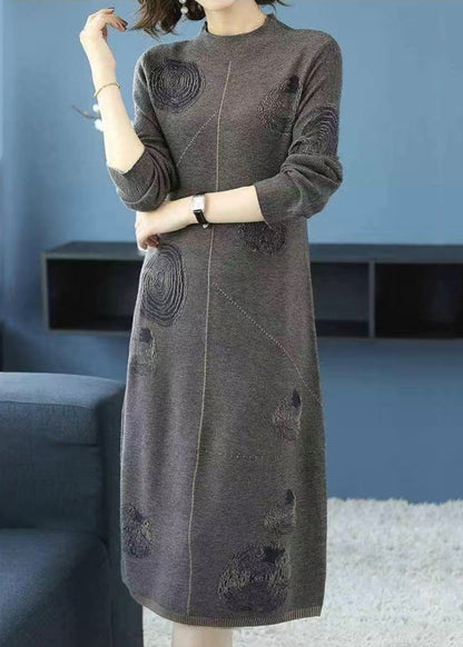 Grey Turtleneck Patchwork Cotton Knit Dress Fall