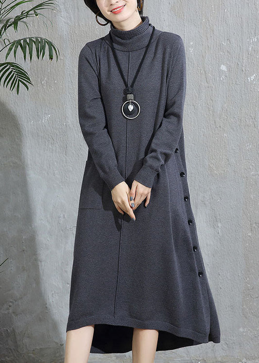 Grey Turtleneck Pockets Patchwork Woolen Sweater Dress Fall