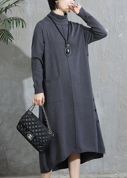 Grey Turtleneck Pockets Patchwork Woolen Sweater Dress Fall