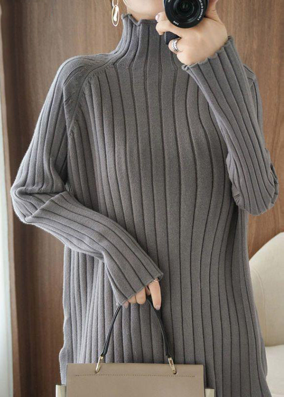 Grey Turtleneck Striped Knitting Sweaters Long Sleeve
