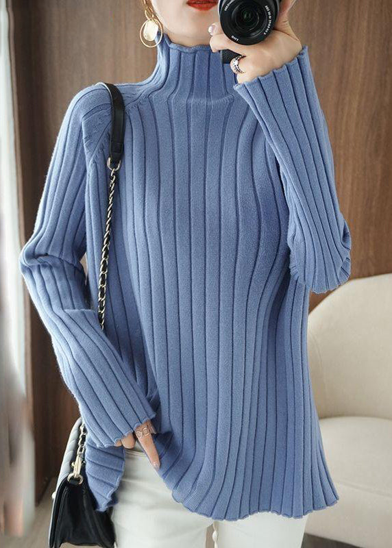 Grey Turtleneck Striped Knitting Sweaters Long Sleeve