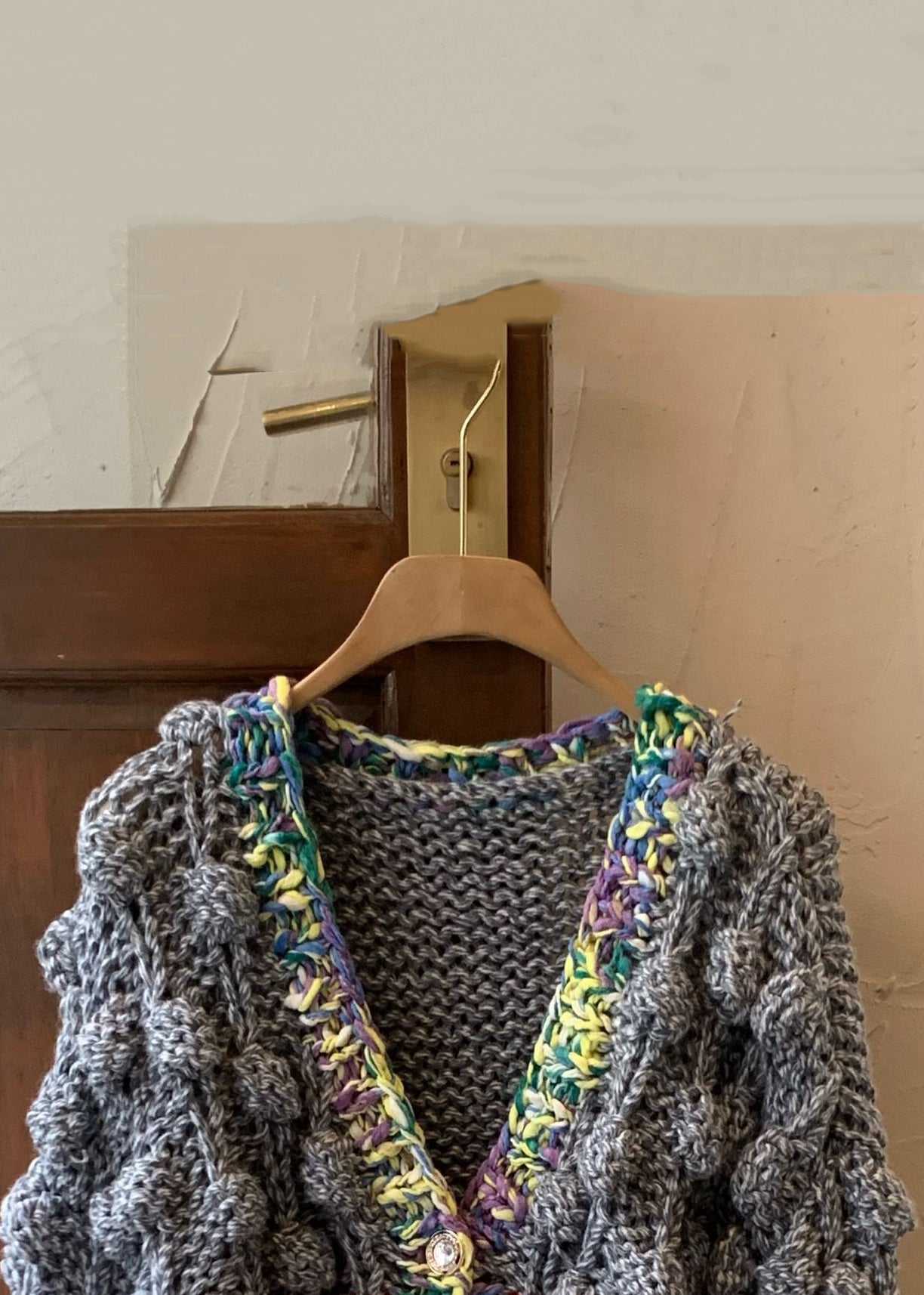 Grey V Neck Button Cotton Knit Coat Spring