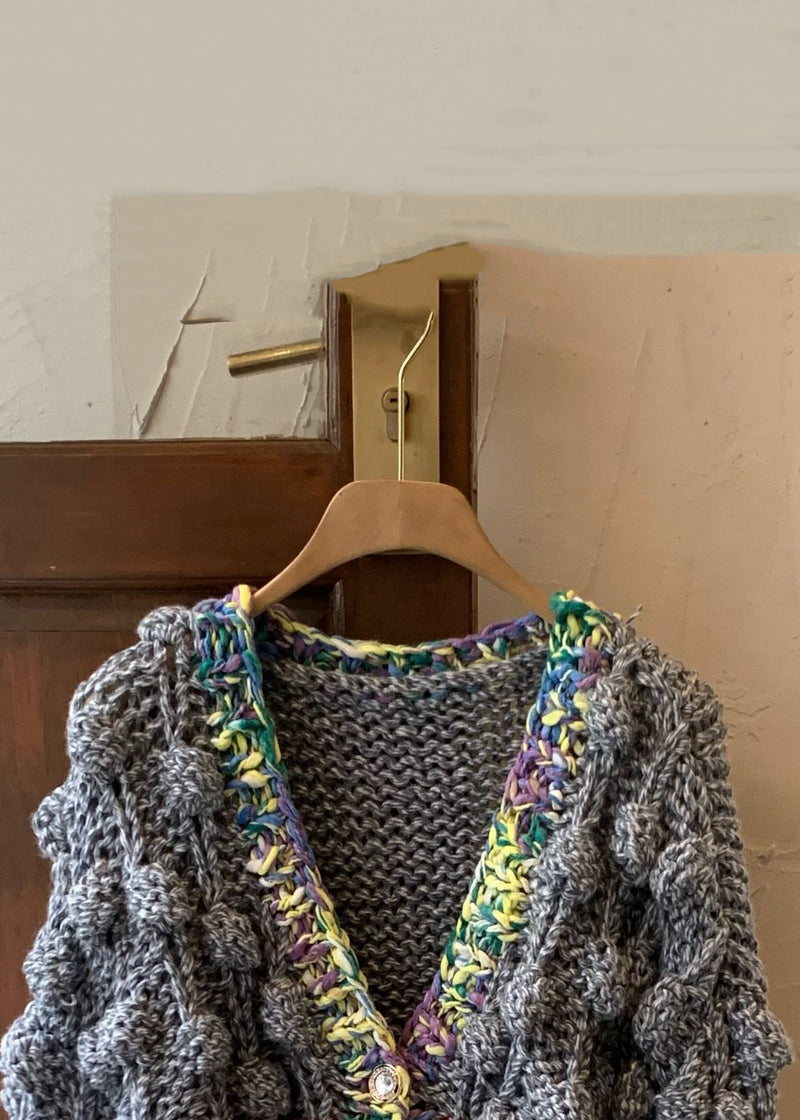 Grey V Neck Button Cotton Knit Coat Spring