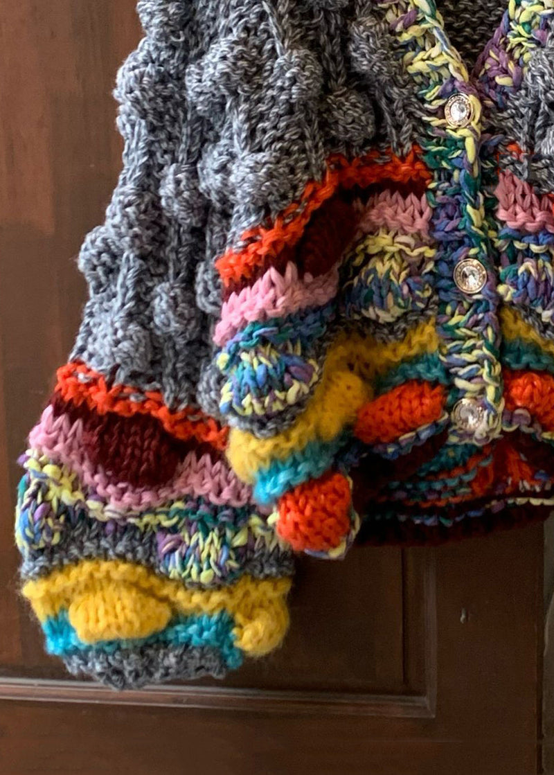 Grey V Neck Button Cotton Knit Coat Spring