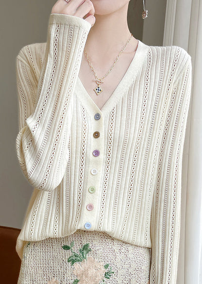Grey V Neck Button Hollow Out Knit Top Fall
