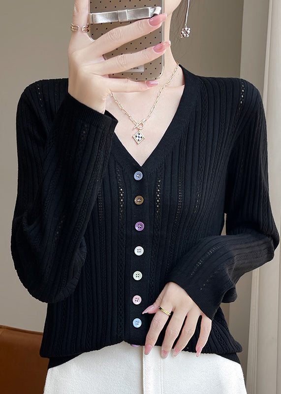 Grey V Neck Button Hollow Out Knit Top Fall