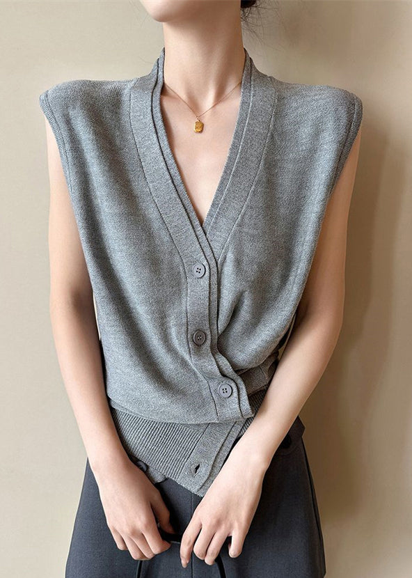 Grey V Neck Button Knit Vest Sleeveless