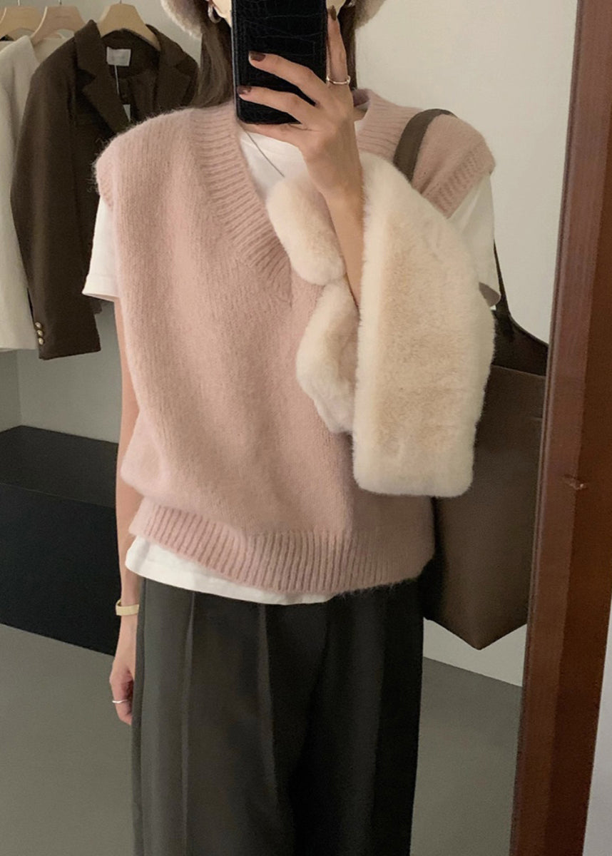Grey V Neck Cozy Knit Vest Tops Sleeveless