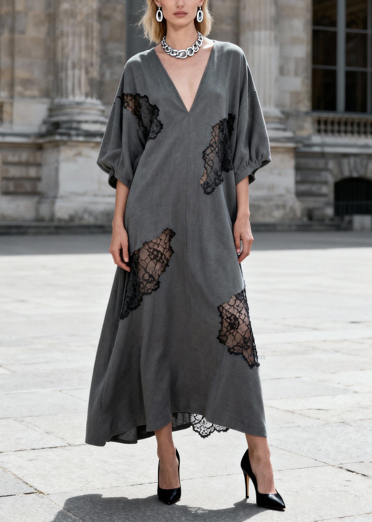 Grey V Neck Hollow Out Lace Patchwork Cotton Dresses Summer