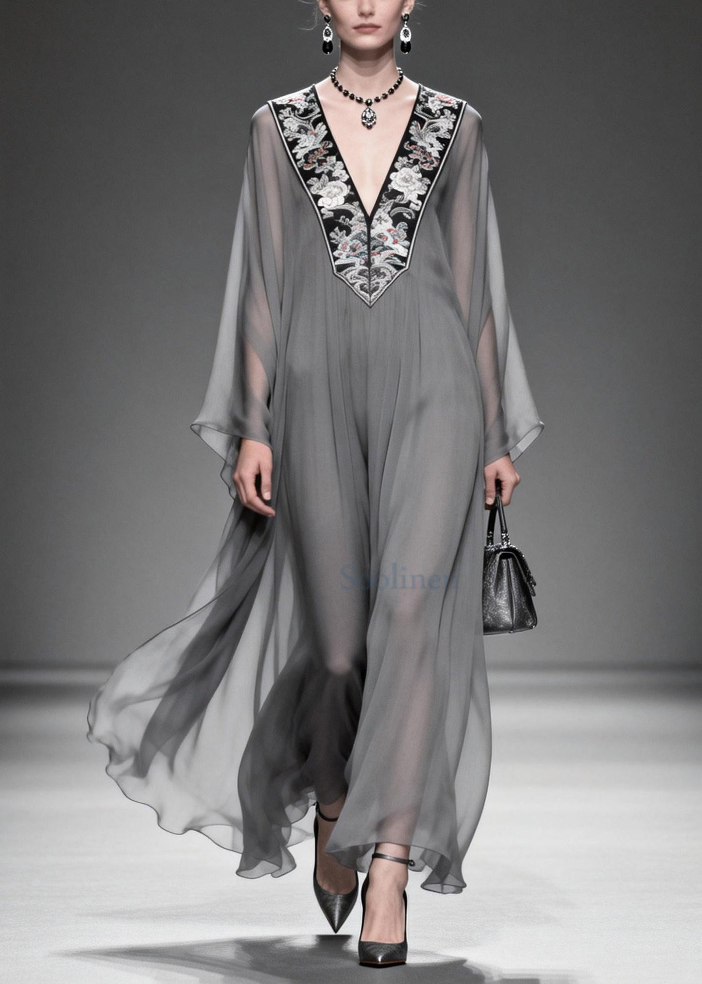 Grey V Neck Patchwork Chiffon Maxi Dress Summer