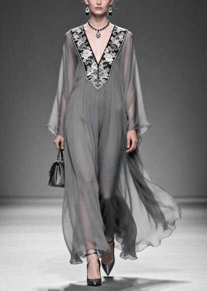 Grey V Neck Patchwork Chiffon Maxi Dress Summer