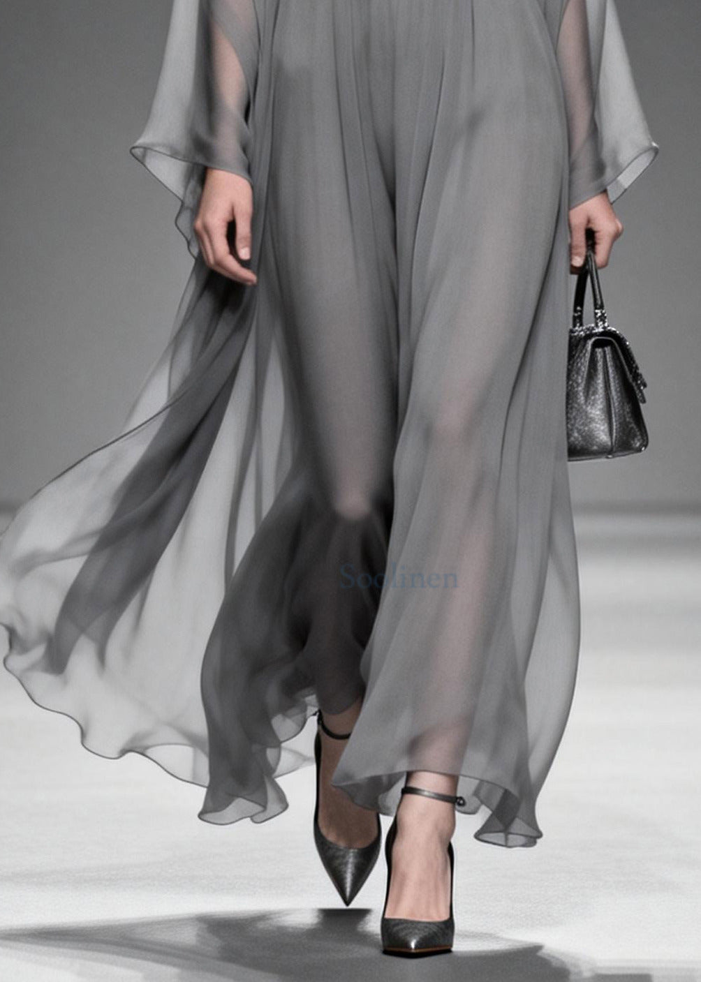 Grey V Neck Patchwork Chiffon Maxi Dress Summer