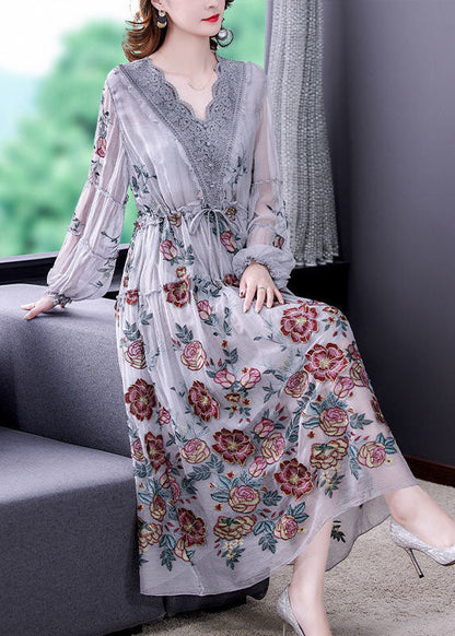 Grey V Neck Patchwork Embroideried Silk Cinched Dress Lantern Sleeve