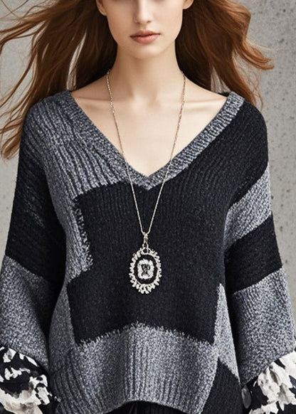 Grey V Neck Patchwork Knit Sweater Fall