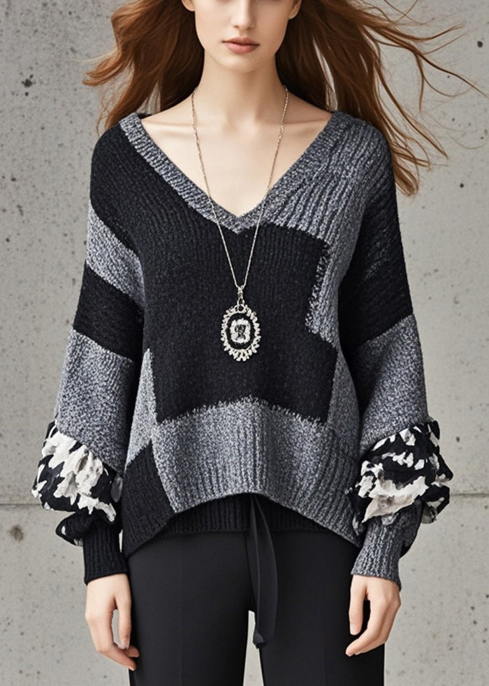 Grey V Neck Patchwork Knit Sweater Fall
