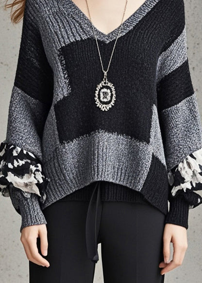 Grey V Neck Patchwork Knit Sweater Fall