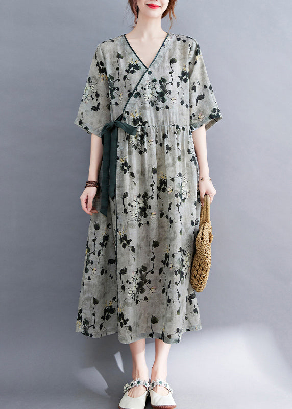 Grey V Neck Print Linen Long Dress Short Sleeve