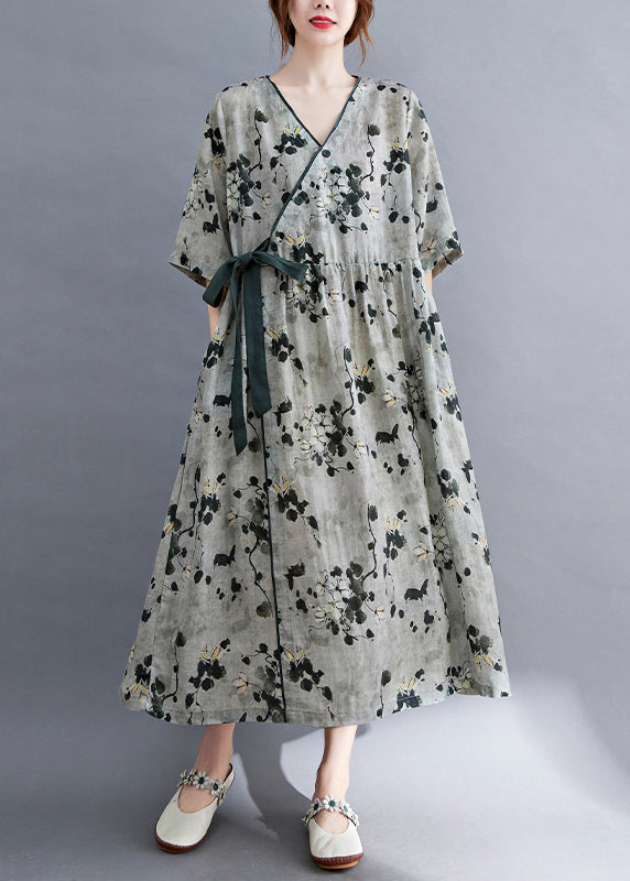 Grey V Neck Print Linen Long Dress Short Sleeve