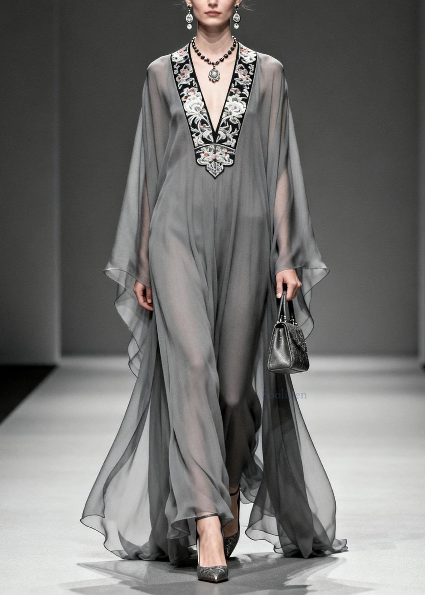 Grey V Neck Print Loose Chiffon Long Dress Spring