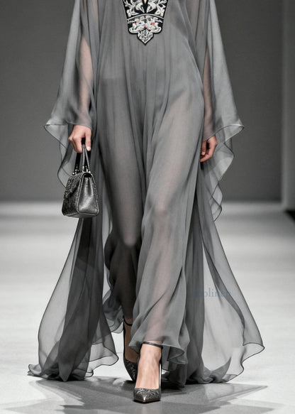Grey V Neck Print Loose Chiffon Long Dress Spring