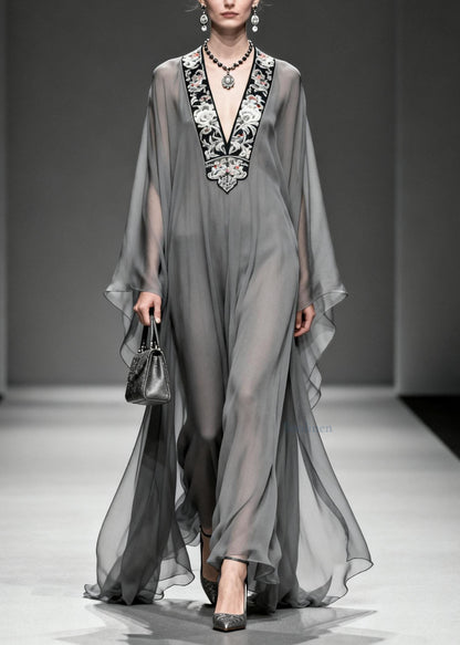 Grey V Neck Print Loose Chiffon Long Dress Spring
