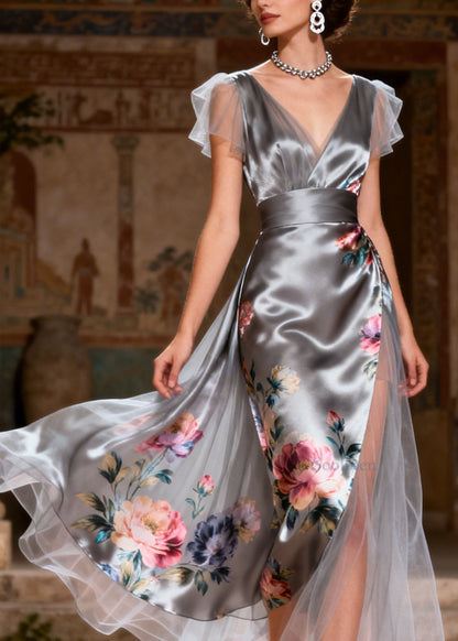 Grey V Neck Print Patchwork Silk Dress Summer