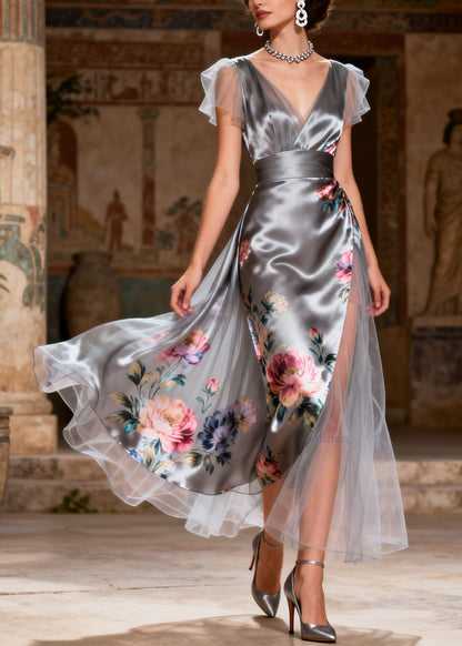 Grey V Neck Print Patchwork Silk Dress Summer
