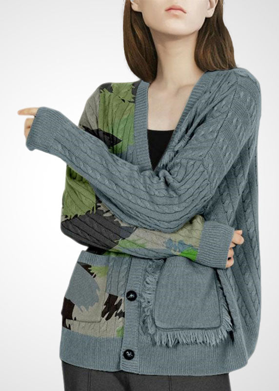 Grey V Neck Print Tassel Pockets Wool Cardigans Winter