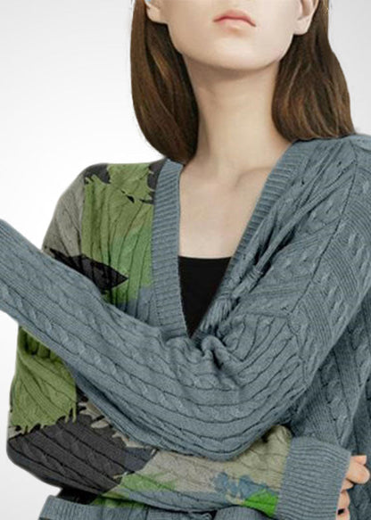 Grey V Neck Print Tassel Pockets Wool Cardigans Winter
