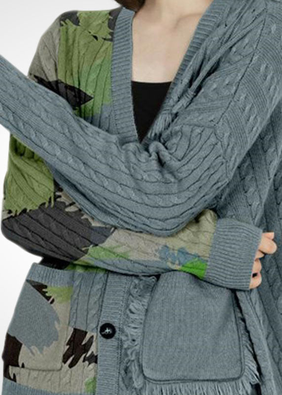 Grey V Neck Print Tassel Pockets Wool Cardigans Winter