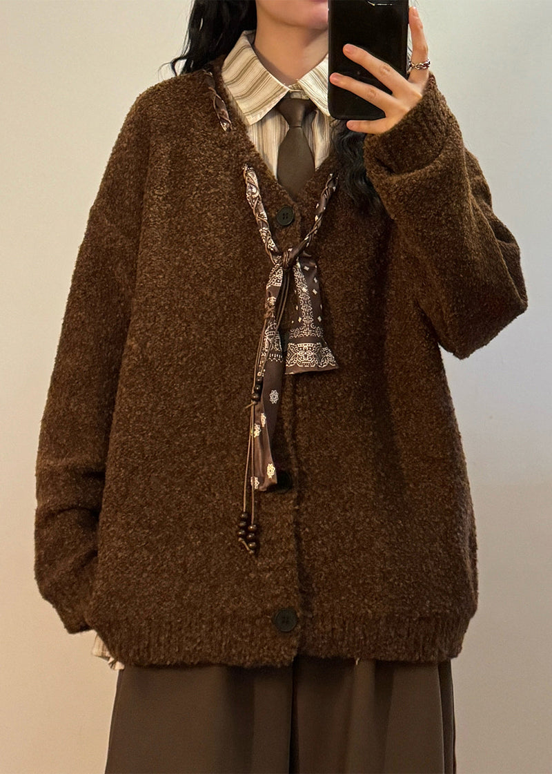 Grey V Neck Scarf Design Button Knit Coats Spring