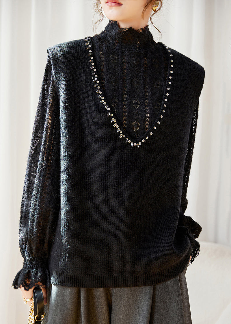 Grey V Neck Zircon Patchwork Knit Waistcoat Sleeveless