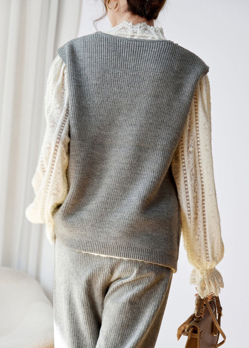 Grey V Neck Zircon Patchwork Knit Waistcoat Sleeveless
