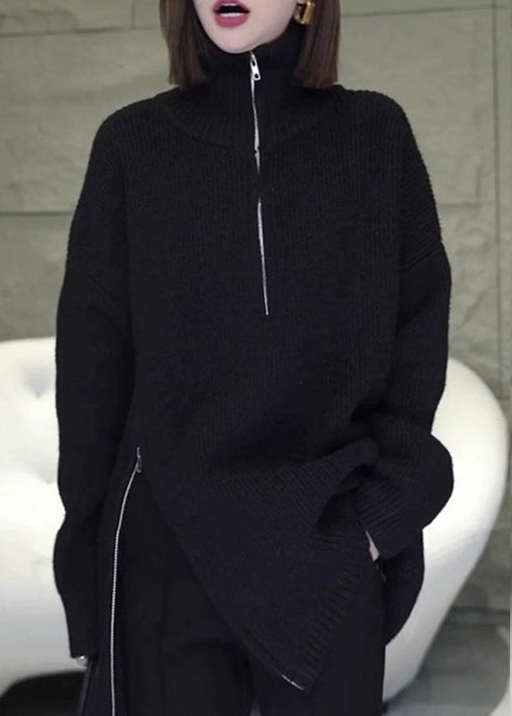 Grey Zip Up Asymmetrical Loose Knit Sweaters Spring