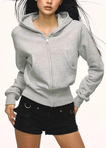 Grey Zip Up Pockets Cotton Hoodies Outwear Spring