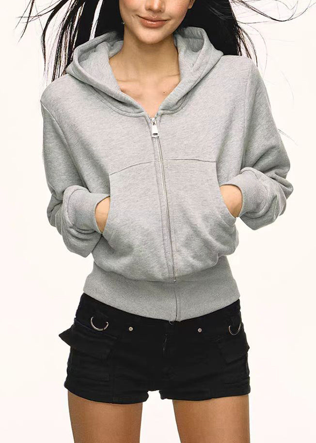 Grey Zip Up Pockets Cotton Hoodies Outwear Spring