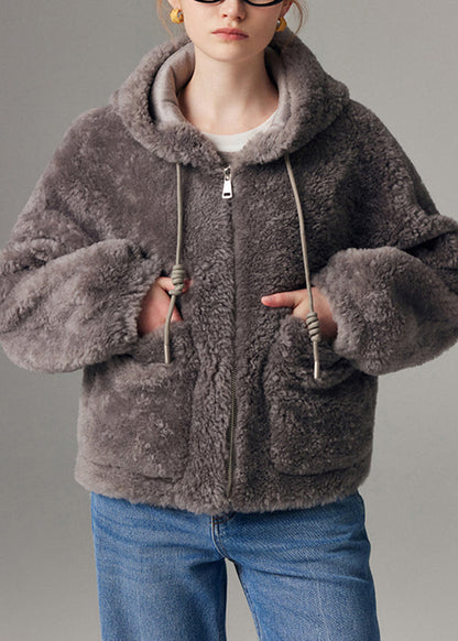 Grey Zippered Drawstring Faux Fur Hooded Coat Lantern Sleeve