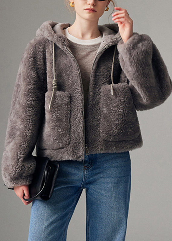 Grey Zippered Drawstring Faux Fur Hooded Coat Lantern Sleeve