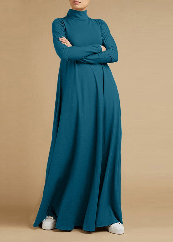 Grid Printed Button Down Front Elastic Cuff O-neck Maxi Shirt Dress Blue
