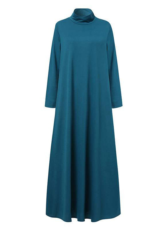 Grid Printed Button Down Front Elastic Cuff O-neck Maxi Shirt Dress Blue