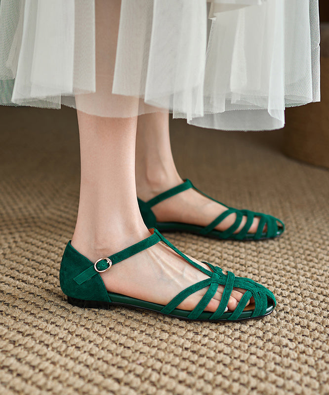 Handmade Splicing Hollow Out Sandals Green Suede