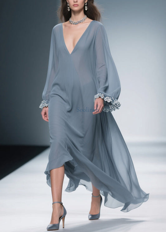 Haze Blue Chiffon Maxi Dresses