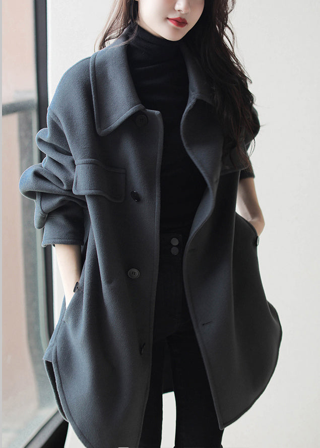 Haze Blue Peter Pan Collar Button Pockets Patchwork Side Open Woolen Coats Long Sleeve