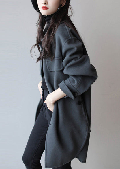 Haze Blue Peter Pan Collar Button Pockets Patchwork Side Open Woolen Coats Long Sleeve